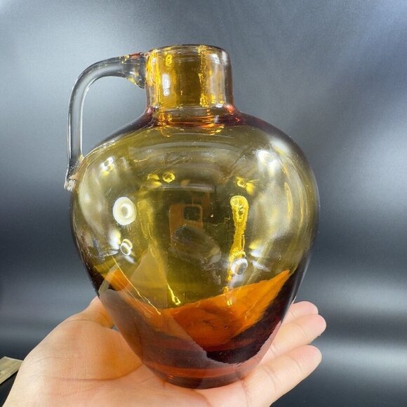 Vintage Hand Blown Amber Glass Jug Decanter Vase With Clear Applied Handle Glass - Picture 10 of 16